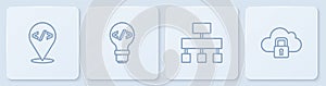 Set line Front end development, Site map, and Cloud computing lock. White square button. Vector