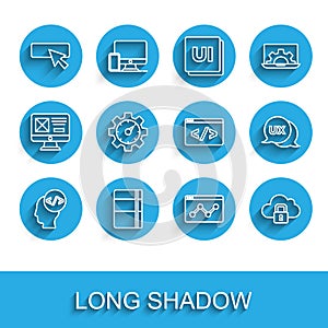 Set line Front end development, Sketchbook or album, UI UX design, Website statistic, Cloud computing lock, and icon