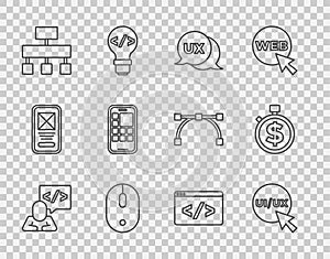 Set line Front end development, UI or UX design, Computer mouse, Site map, Mobile Apps, and Time is money icon. Vector