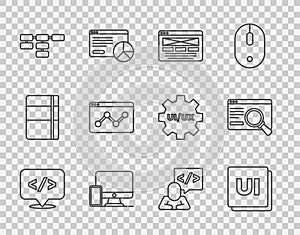 Set line Front end development, UI or UX design, Monitor and mobile, Site map, Website statistic, and icon. Vector