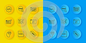 Set line Front end development, UI or UX design, Planning strategy concept, SEO optimization, Website template, and icon