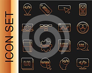 Set line Front end development, UI or UX design, RGB and CMYK color mixing, Site map, Web, and Website statistic icon