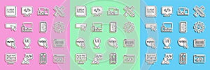 Set line Front end development, UI or UX design, Website statistic, Monitor, mobile, tablet, and, and icon. Vector