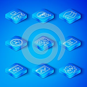 Set line Front end development, UI or UX design, Website statistic, template, Layers, RGB and CMYK color mixing, Site