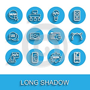 Set line Front end development, Web, UI or UX design, Mobile Apps, Bezier curve and Website statistic icon. Vector