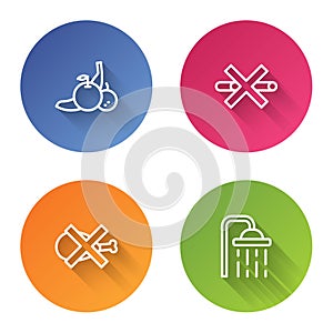 Set line Fruit, No Smoking, meat and Shower head. Color circle button. Vector