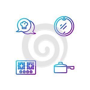 Set line Frying pan, Gas stove, Chef hat speech bubble and Cutting board. Gradient color icons. Vector