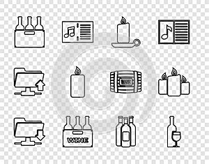 Set line FTP folder download, Wine bottle with glass, Burning candle candlestick, Bottles of wine box, and icon. Vector