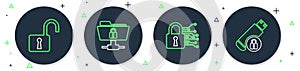 Set line FTP folder and lock, Cyber security, Open padlock and USB flash drive with icon. Vector