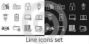 Set line FTP folder and lock, Laptop, Broken or cracked, Smartphone with, Scooter, Cyber security, and Credit card icon