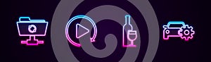 Set line FTP sync refresh, Video play button, Wine bottle with glass and Car service. Glowing neon icon. Vector