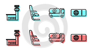 Set line Fuel tanker truck, Airport control tower, Airplane seat and Airline ticket icon. Vector