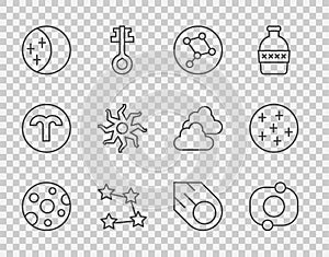 Set line Full moon, Solar system, Great Bear constellation, Star zodiac, Eclipse of the sun, Sun, Comet and icon. Vector