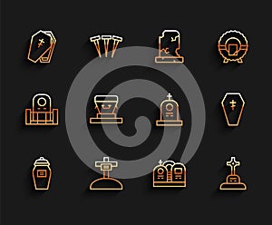 Set line Funeral urn, Grave with cross, Coffin, tombstone, and icon. Vector