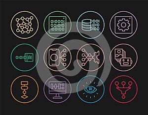 Set line Funnel or filter, Artificial intelligence robot, Binary code, Neural network, and icon. Vector