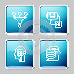 Set line Funnel or filter, Artificial intelligence robot, Humanoid and Server, Data icon. Vector