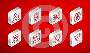 Set line Funnel or filter, Mobile phone, Neural network, Server, Data, Processor CPU, Algorithm, and icon. Vector