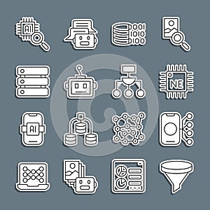 Set line Funnel or filter, Neural network, Processor CPU, Binary code, Artificial intelligence robot, Server, Data, and