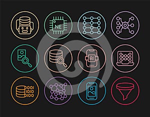 Set line Funnel or filter, Neural network, Server, Photo retouching, Artificial intelligence robot, AI and Processor CPU
