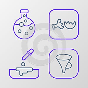 Set line Funnel or filter, Petri dish with pipette, Broken flask and Test tube and icon. Vector