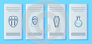 Set line Funny and scary ghost mask for Halloween, Coffin with christian cross, Hockey and Bottle potion icon. Vector