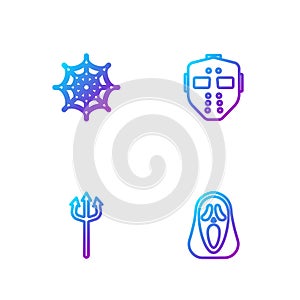 Set line Funny and scary ghost mask, Neptune Trident, Spider web and Hockey. Gradient color icons. Vector
