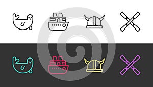 Set line Fur seal animal, Cruise ship, Viking in horned helmet and Oars paddles boat on black and white. Vector