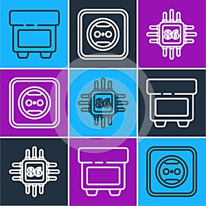 Set line Fuse, Processor with microcircuits CPU and Electrical outlet icon. Vector