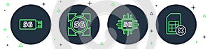Set line 5G network, Processor, modem and Sim card rejected icon. Vector