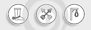 Set line Gallows, Cowboy boot and Crossed arrows icon. Vector