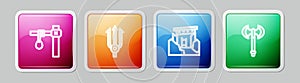 Set line Gallows, Neptune Trident, Ancient ruins and Medieval axe. Colorful square button. Vector