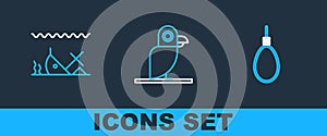 Set line Gallows rope loop hanging, Sunken ship and Pirate parrot icon. Vector