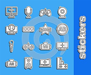 Set line Game console with joystick, Computer monitor, Ar, augmented reality, Gamepad, Like and heart, Create account