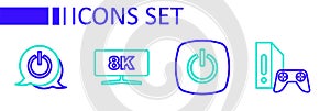 Set line Game console with joystick, Power button, Computer monitor and icon. Vector