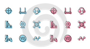 Set line Game console with joystick, VS Versus battle, Target sport, Share, Web camera, and Router and wi-fi signal icon