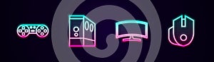 Set line Game controller or joystick, Case of computer, Computer monitor and mouse. Glowing neon icon. Vector