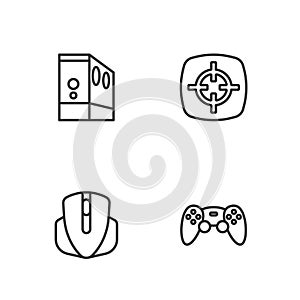 Set line Game controller or joystick, Computer mouse, Case of computer and Target sport icon. Vector