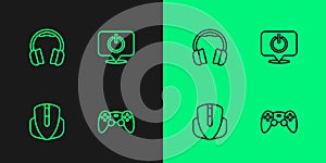 Set line Game controller or joystick, Computer mouse, Headphones and Power button icon. Vector