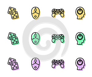 Set line Game controller or joystick, dice, Computer mouse and Power button icon. Vector