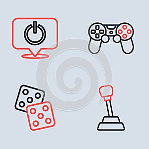 Set line Game controller or joystick, dice, Gear shifter and Power button icon. Vector