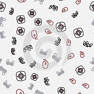 Set line Game controller or joystick, Target sport, and Computer mouse on seamless pattern. Vector