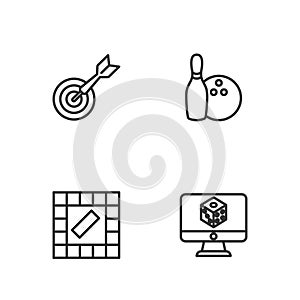 Set line Game dice, Board game, Classic dart board and arrow and Bowling pin ball icon. Vector