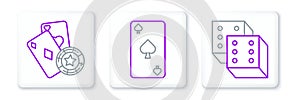 Set line Game dice, Casino chip and playing cards and Playing with spades symbol icon. Vector