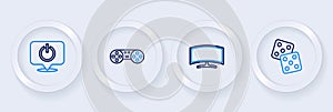 Set line Game dice, Computer monitor, controller joystick and Power button icon. Vector