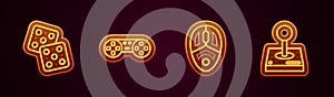 Set line Game dice, controller or joystick, Computer mouse and Joystick for arcade machine. Glowing neon icon. Vector