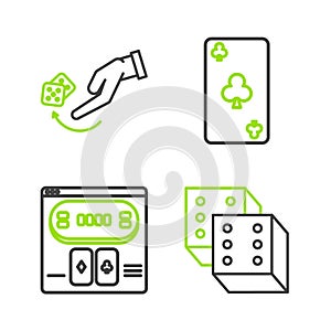 Set line Game dice, Online poker table game, Playing card with clubs symbol and Human hand throwing icon. Vector