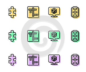 Set line Game dice, Puzzle pieces toy, Crossword and Table football icon. Vector