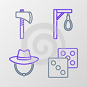 Set line Game dice, Western cowboy hat, Gallows and Tomahawk axe icon. Vector