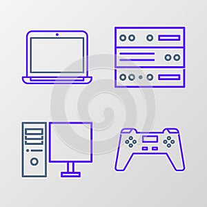 Set line Gamepad, Computer monitor, Server, Data, Web Hosting and Laptop icon. Vector