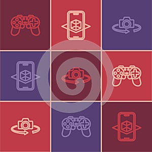 Set line Gamepad, 360 degree view and 3d modeling icon. Vector